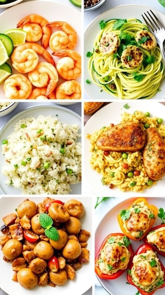 A collection of five low carb dinner recipes displayed on plates, featuring shrimp, zucchini noodles, fried rice, grilled chicken, and stuffed peppers.